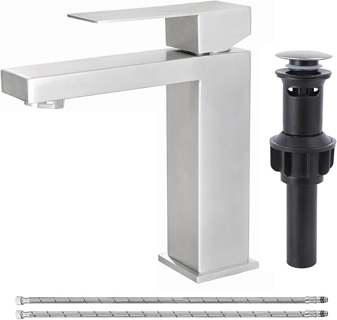 SHACO Single Hole Brushed Nickel Bathroom Faucet, Single Handle Vanity Sink Faucet with Pop Up Drain and Supply Line, SC-YZLT002