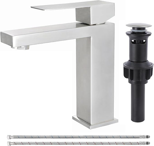 SHACO Single Hole Brushed Nickel Bathroom Faucet, Single Handle Vanity Sink Faucet with Pop Up Drain and Supply Line, SC-YZLT002