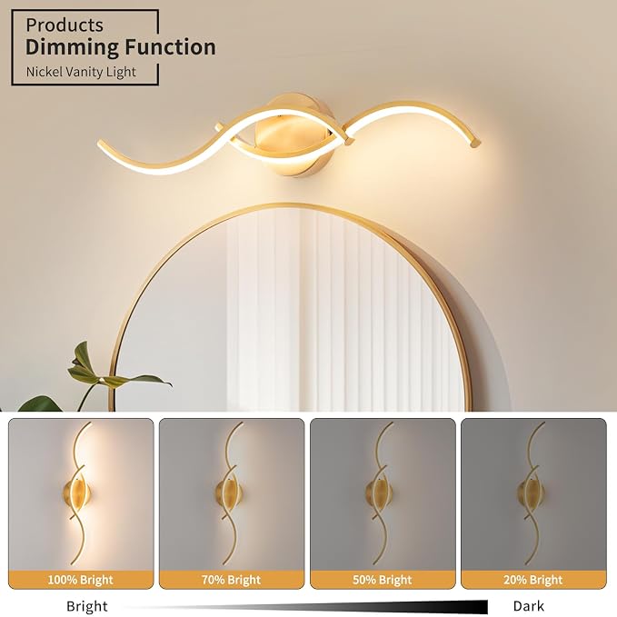 Gold Curved 5CCT Bathroom Vanity Light Fixture Over Mirror, 23.62 inch Modern LED Wall Lamp Dimmable Bathroom Light Fixture Modern Wall Sconces