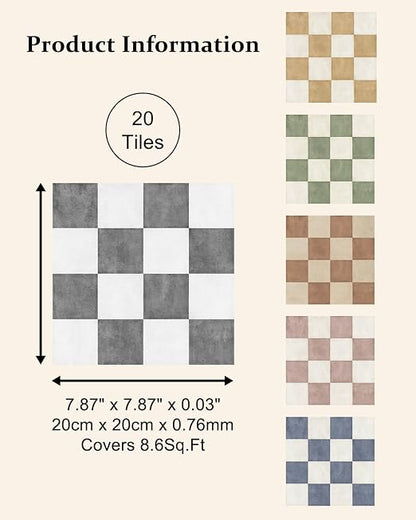 Peel and Stick Floor Tile, Checkered Vinyl Flooring Waterproof, Snap-Proof DIY Flooring Tiles for Bathroom, Kitchen, Fireplace, Wall, Backsplash, No Residue, 20 Tiles-7.87" Thin Version, Gray