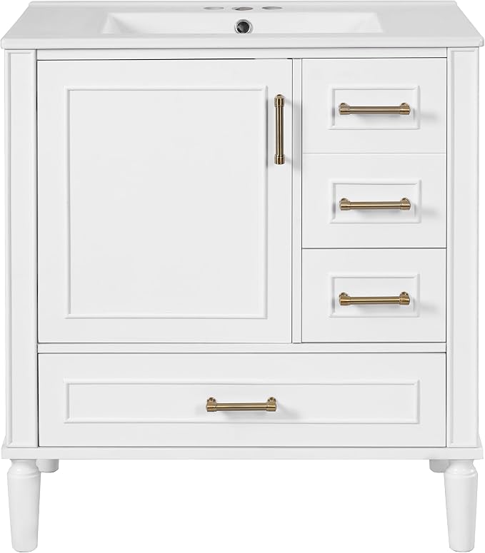 30" Bathroom Vanity with Sink,Free Standing Single Basin Vanity Set w/ 3 Drawers & Soft Closing Door,Solid Wood Frame,Metal Handles,Modern Storage Cabinet for Small Space,White