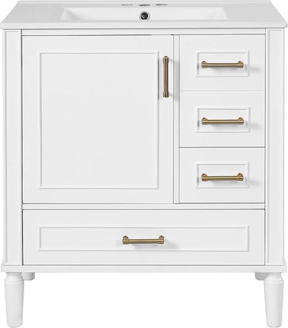 30" Bathroom Vanity with Sink,Free Standing Single Basin Vanity Set w/ 3 Drawers & Soft Closing Door,Solid Wood Frame,Metal Handles,Modern Storage Cabinet for Small Space,White