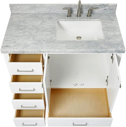 ARIEL Cambridge 42-inch Bathroom Vanity with Sink,Solid Wood, 1.5-inch Italian Carrara Marble Countertop, Single Rectangular Porcelain Sink, 2 Soft Closing Doors, 5 Dovetail Drawers, White