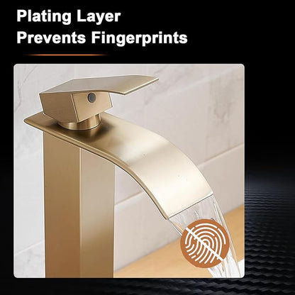 Brushed Gold Bathroom Vessel Sink Faucet, Waterfall Bathroom Faucet, Vessel Faucet, Tall Body High 1 Hole Single Handle with Pop Up Drain Combo Vanity Mixer Tap Commercial Basin Bowl Sink