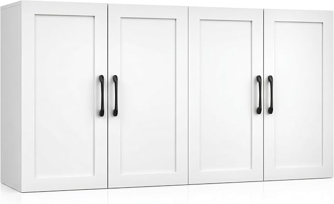 Wall Cabinet with Adjustable Shelves, Laundry Room Cabinet with 4 Doors, Kitchen Storage Cupboard Cabinet, Wall Mount Medicine Cabinet for Bathroom, Living Room, White