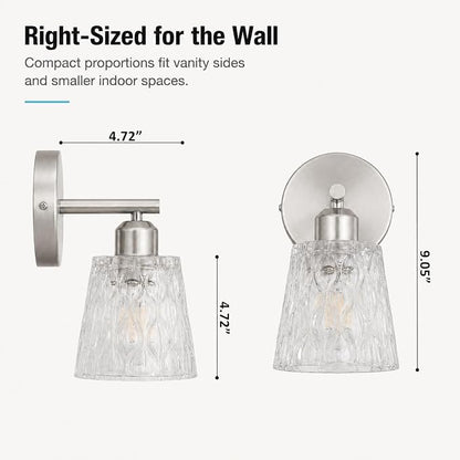 Brushed Nickel Bathroom Light Fixtures, 1-Light Modern Vanity Wall Sconce, 2-Pack, Textured Glass Shades, Stainless Steel Construction, E26 Sockets (Bulbs Not Included)