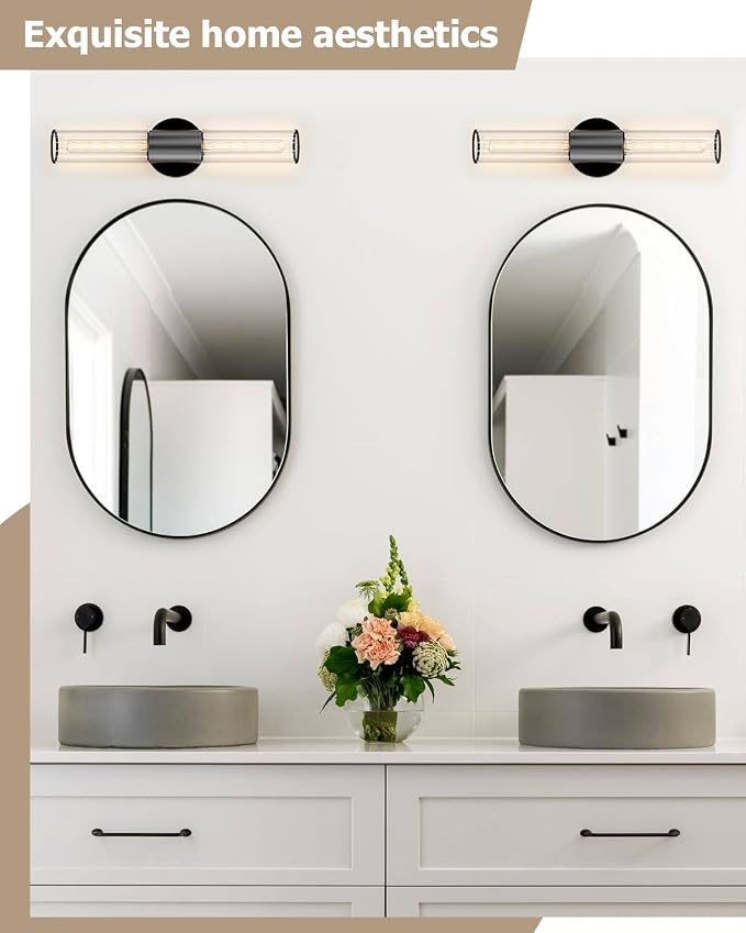 Bathroom Vanity Light Fixture, 2-Light Black Wall Sconce Lighting Fixture with Clear Glass, Indoor E26 Socket Wall Lamp for Mirror Living Room Hallway, 2 Pack