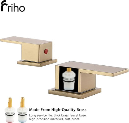 Friho Gold Waterfall Bathroom Faucets 3 Hole, 8 inch Widespread Square Bathroom Sink Faucet with Metal Pop-up Drain and Supply Lines, Two Handles for Vanity, Rv, Commercial, Restroom