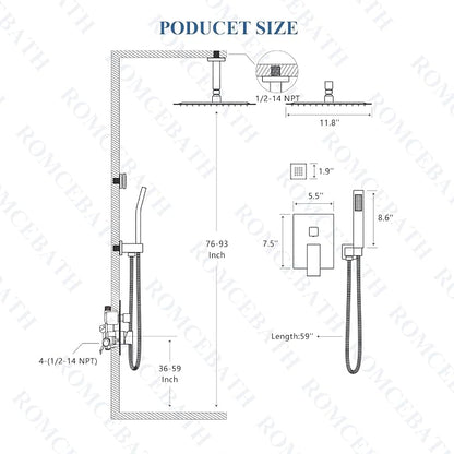 Rain Shower System With Complete 6 Pcs Body Sprays Jets And Pressured Balance Rough-in Valve,12Inch Rainfall Shower Head And Handheld, Modern Brushed Gold Ceiling Mount Shower Faucets Sets