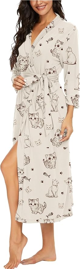 VINTATRE Women Kimono Robes Long Knit Bathrobe Lightweight Soft Knit Sleepwear V-neck Casual Ladies Loungewear