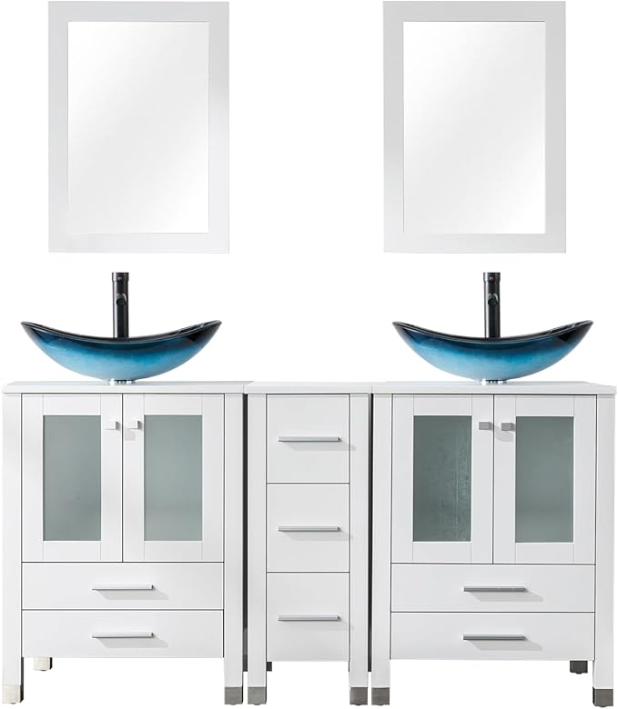 LUCKWIND 60" Double 24" Bathroom Vanity with Sink Combo, Elegant Series with One 12.6-in Side Cabinet, Painted Frame, Including Blue Boat Sinks, Faucets Without Mirrors, White