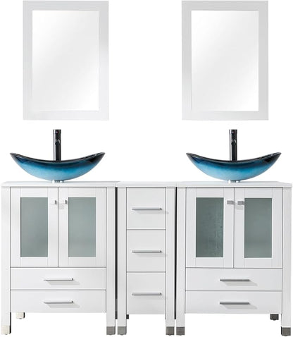 LUCKWIND 60" Double 24" Bathroom Vanity with Sink Combo, Elegant Series with One 12.6-in Side Cabinet, Painted Frame, Including Blue Boat Sinks, Faucets Without Mirrors, White
