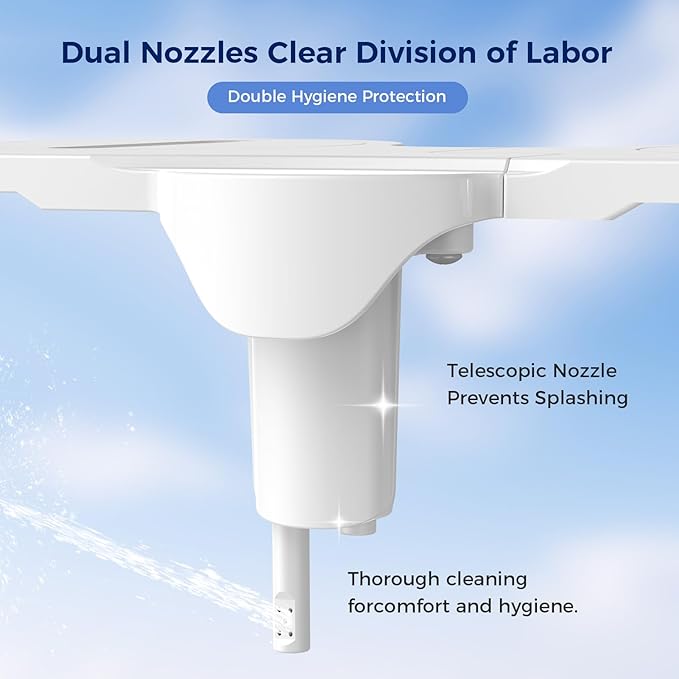 Filtered Bidet Attachment for Toilet, Non-Electric Self Cleaning Bidet Toilet Seat Attachment with Pressure Controls, Dual Nozzles, Multi-Stage Water Softener Filters for Hard Water (White)