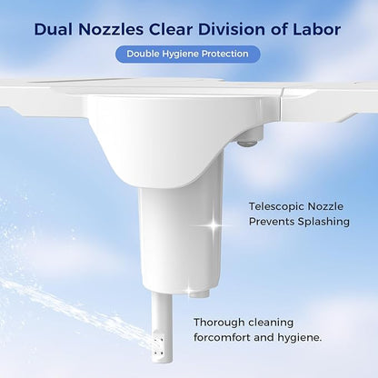 Filtered Bidet Attachment for Toilet, Non-Electric Self Cleaning Bidet Toilet Seat Attachment with Pressure Controls, Dual Nozzles, Multi-Stage Water Softener Filters for Hard Water (White)