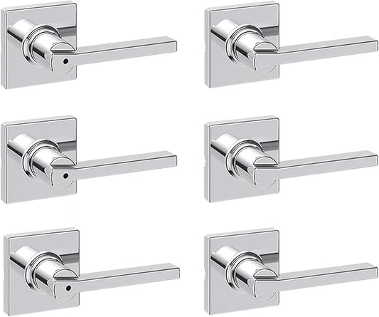 Kwikset Casey Hallway Passage and Bed/Bath Privacy Door Handle 6 Pack, 3 Passage Levers and 3 Privacy Levers, Polished Chrome Reversible Interior Handles