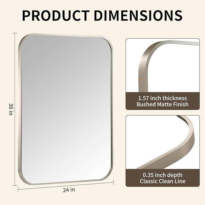 Brushed Nickel Mirror, 24x36 Inch Brushed Nickel Rectangle Mirror, Aluminum Alloy Framed Vanity Mirror, Rounded Rectangle Bathroom Mirror for Over Sink, Anti-Rust