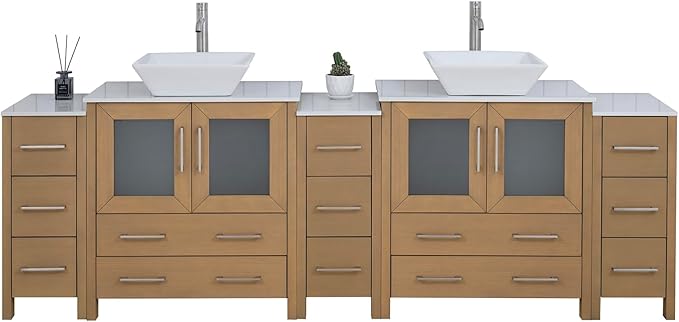 Vanity Art 96 Inch Vessel Double Sink Bathroom Vanity Cabinet with 2 Mirrors, Engineered Marble Top Bathroom Cabinet Compact Set with 13 Dovetail Drawers and Soft Closing Doors, VA3130-96NO