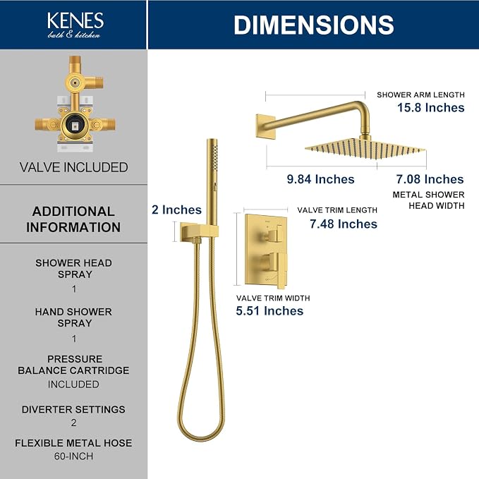 KENES Brushed Gold Square Rainfall Shower System Faucet Set with Handheld | Shower Faucet with 10-Inch Rain Shower Head, Square Shower System, Valve Included, Lead-Free cUPC & NSF Certified, Stainless