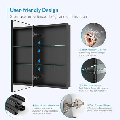 Quavikey Medicine Cabinet with Mirror, Aluminum Surface Mount or Recessed Bathroom Medicine Cabinet Mirror 16x26 Inch, Black