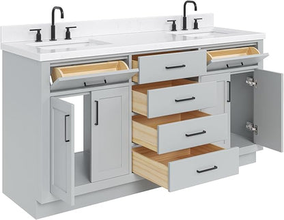 DKB Isabella 66" Grey Double Bathroom Vanity with Sink and Countertop, 1.5" Edge Carrara Quartz Top, Double Rectangular Sinks, 4 Soft Closing Doors, 6 Dovetail Drawers