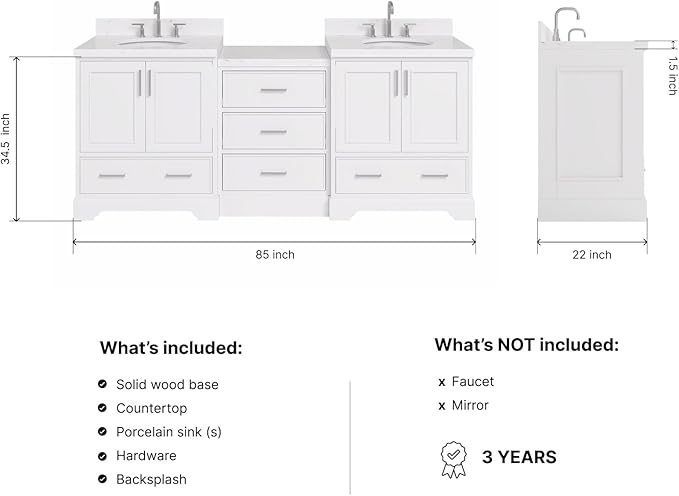 ARIEL Stafford 84-inch Bathroom Vanity with Sink,Solid Wood, 1.5in Carrara White Quartz Countertop & Backsplash, Double Oval Porcelain Sink, 4 Soft Closing Doors, 5 Dovetail Drawers, White