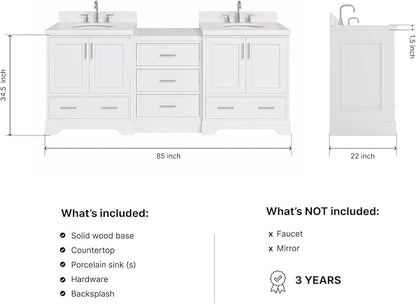 ARIEL Stafford 84-inch Bathroom Vanity with Sink,Solid Wood, 1.5in Carrara White Quartz Countertop & Backsplash, Double Oval Porcelain Sink, 4 Soft Closing Doors, 5 Dovetail Drawers, White