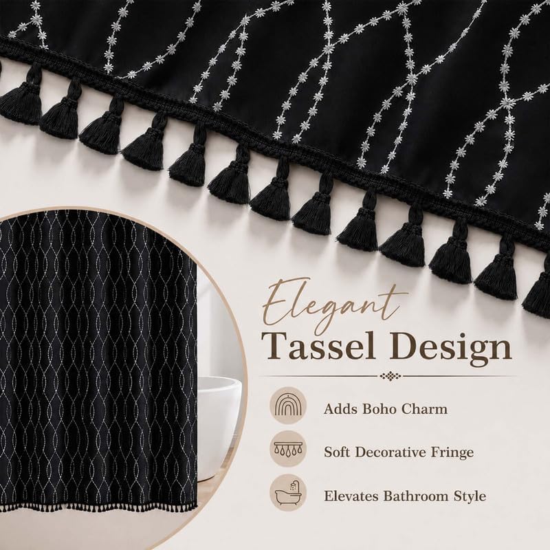 OVZME Black Shower Curtain for Bathroom, Puff Printed Textured Shower Curtain with Tassels, Rustic Geometry Heavy Duty Vintage Country Bathroom Curtain, Water Resistant Fabric, 72Wx72L Inches