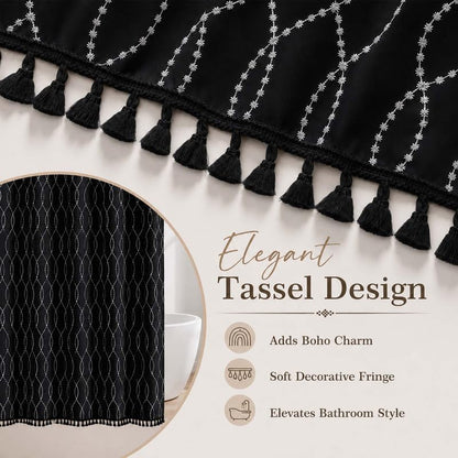 OVZME Black Shower Curtain for Bathroom, Puff Printed Textured Shower Curtain with Tassels, Rustic Geometry Heavy Duty Vintage Country Bathroom Curtain, Water Resistant Fabric, 72Wx72L Inches