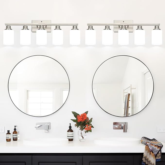 5-Light Vanity Light with Milky White Shades, Brushed Nickle Bathroom Lighting Fixtures Over Mirror, Modern Bathroom Wall Lamp for Mirror Living Room Cabinet Bedroom
