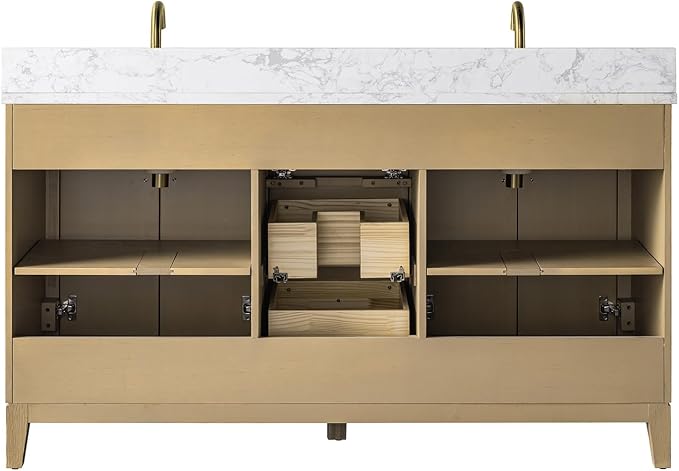Vanity Art 60" Bathroom Vanity with Double Sink & Arabescato White Engineered Stone Top, Vanity Cabinet with Soft Closing Door, Solid Wood Frame, Golden Brushed Handles, Natural Oak VA8160D-NO-GB