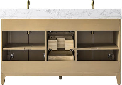 Vanity Art 60" Bathroom Vanity with Double Sink & Arabescato White Engineered Stone Top, Vanity Cabinet with Soft Closing Door, Solid Wood Frame, Golden Brushed Handles, Natural Oak VA8160D-NO-GB