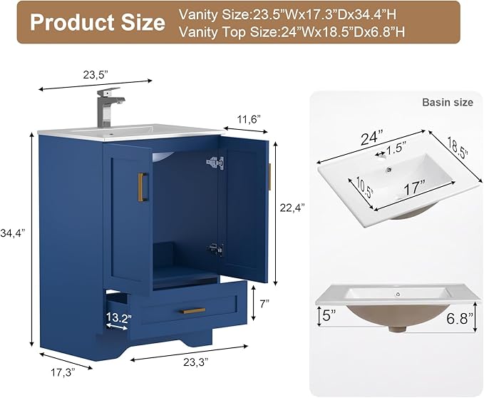 24 inch Bathroom Vanity with Sink, Modern Blue Vanity for Bathroom with Undermount Ceramic Sink, Freestanding 2-Door & 1-Drawer Storage Cabinet, for Small Bathroom Space, (Blue, 24")
