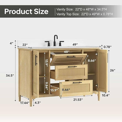48 Inch Bathroom Vanity with Sink, Solid Wood Frame Single Sink Bathroom Vanity with Quartz Countertop, Bathroom Storage Cabinet with Soft Closing Doors & Dovetail Drawers, Light Oak