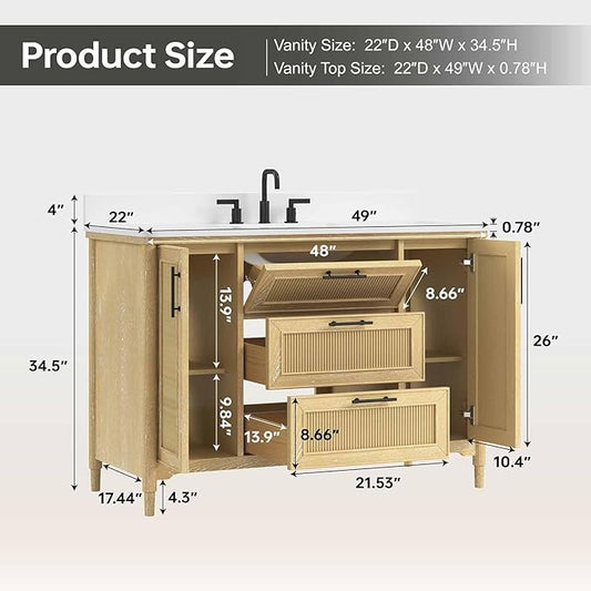 48 Inch Bathroom Vanity with Sink, Solid Wood Frame Single Sink Bathroom Vanity with Quartz Countertop, Bathroom Storage Cabinet with Soft Closing Doors & Dovetail Drawers, Light Oak
