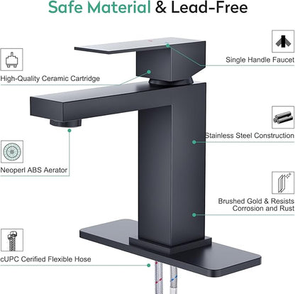 Faustina Matte Black Bathroom Faucet, Single Handle Stainless Steel Bathroom Vanity Faucet with Metal Pop-Up Drain and Deck Plate for 1 or 3 Hole