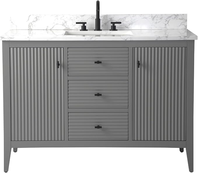 Vanity Art 48 inch Bathroom Vanity with Single Sink & Ceramic Top, Vanity Cabinet with Soft-Closing Door, Solid Wood Frame, Linear Pattern, Cashmere Gray, VA9148-G-MB,Matte Black Handles