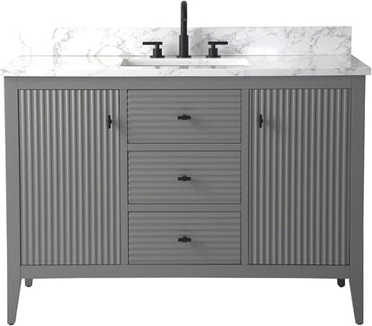 Vanity Art 48 inch Bathroom Vanity with Single Sink & Ceramic Top, Vanity Cabinet with Soft-Closing Door, Solid Wood Frame, Linear Pattern, Cashmere Gray, VA9148-G-MB,Matte Black Handles