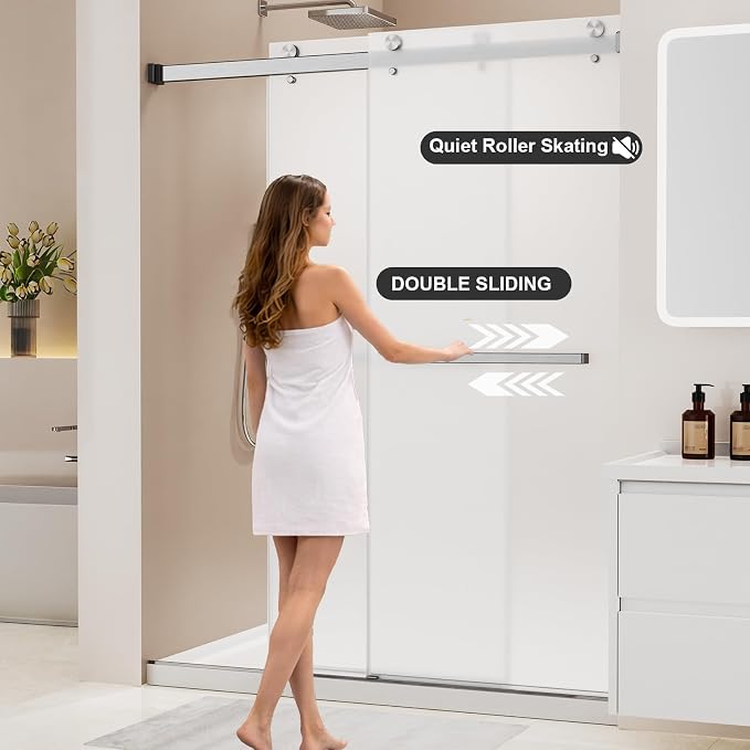 Frosted Sliding Shower Door, 56-60" W x 76" H-1/4” (6mm), Frosted Glass Shower Door with 4" Left Adjustable Width, 304 Stainless Steel Hardware, Quiet Rollers, Bottom Water Seal,Brushed Nickel