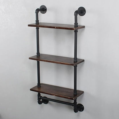 Industrial Pipe Shelf Bathroom Shelves Wall Mounted,19.6in Rustic Wood Shelf with Towel Bar,3 Tier Farmhouse Towel Rack Over Toilet,Pipe Shelving Floating Shelves Towel Holder,Retro Black