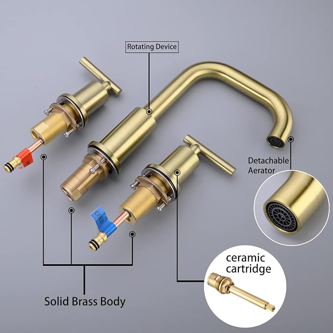 TRUSTMI Bathroom Faucet 2 Handle 8 Inch Brass Bathroom Sink Faucet 3 Hole Widespread with 360 Degree Swivel Spout, cUPC Water Supply Lines and Overflow Pop Up Drain Included, Brushed Gold