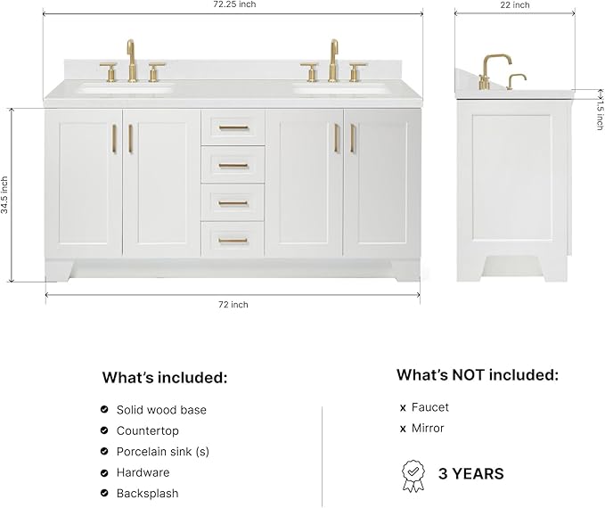 DKB Emilia 72 Inch Bathroom Vanity Double Sink — White Bathroom Vanity with Sink, 1.5" Edge Carrara White Quartz Countertop & Backsplash, 4 Soft-Close Doors, and 6 Dovetail Drawers