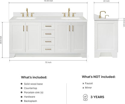 DKB Emilia 72 Inch Bathroom Vanity Double Sink — White Bathroom Vanity with Sink, 1.5" Edge Carrara White Quartz Countertop & Backsplash, 4 Soft-Close Doors, and 6 Dovetail Drawers