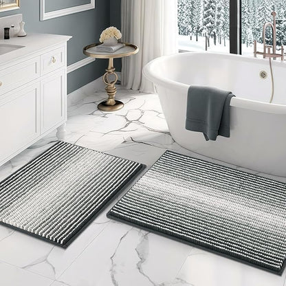 BSICPRO Bathroom Rugs Sets 2 Piece, Non Slip Striped Bath Mats, Blue Grey