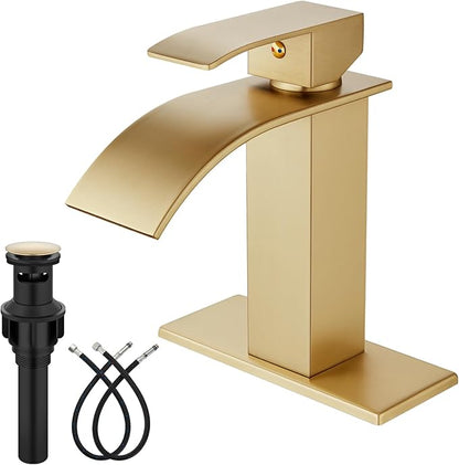 Midanya Waterfall Bathroom Faucet 1 Hole,Brushed Gold | with 24” Hoses,Pop Up Drain,6” Deck Plate,for 1 or 3 Hole Vanity,Lavatory,RV,Single Handle Bathroom Sink Faucet,NSF Certified