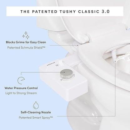 TUSHY Classic 3.0 Bidet Toilet Seat Attachment - A Non-Electric Self Cleaning Water Sprayer with Adjustable Water Pressure Nozzle, Angle Control & Easy Home Installation (White/Brushed Brass)