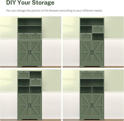 TEENFON Bathroom Cabinet with Adjustable Shelf & 2 Drawers, Farmhouse Storage Cabinet with 2 Doors, Kitchen Storage Cabinets for Living Room, Entryway, Home Office, Forest Green