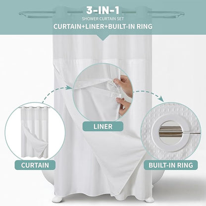 eachope No Hook Waffle Shower Curtain with Snap-in Liner, 48x74 Inch, White | 230GSM waffle weave fabric, waterproof liner set with 2 bottom magnets, mesh window, washable, for shower stalls or bathrooms