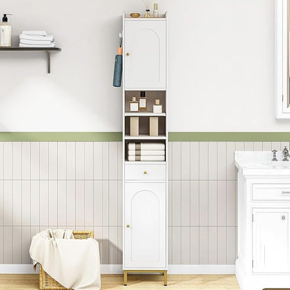 Bathroom Cabinet with Adjustable Shelves & Door, Freestanding Tall Floor Storage Cabinet with Drawer - Narrow Toilet Paper Organizer for Bathroom, White BC29013G