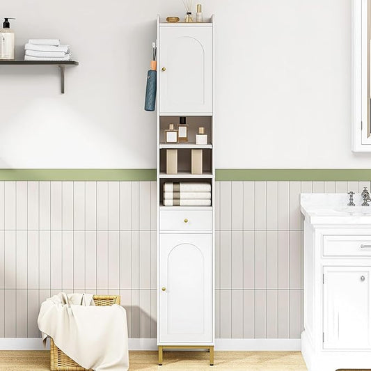 Bathroom Cabinet with Adjustable Shelves & Door, Freestanding Tall Floor Storage Cabinet with Drawer - Narrow Toilet Paper Organizer for Bathroom, White BC29013G