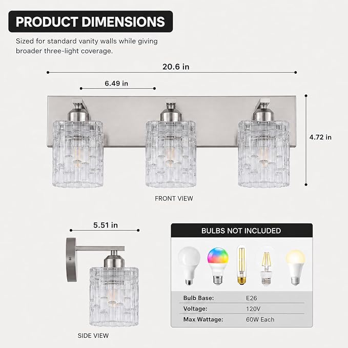 3-Light Crystal Bathroom Vanity Light Over Mirror, Nickel Modern Wall Light Fixture for Bathroom, Living Room, Bedroom, Hallway